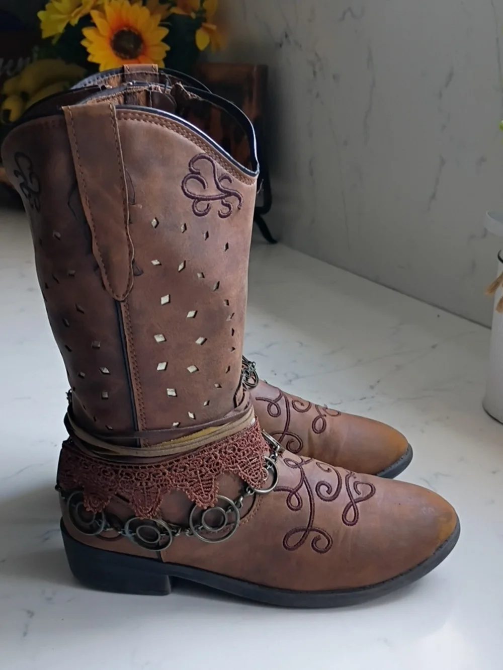 Rodeo Ropers Brown Embroidered Western Boots with Coin & Lace Accents